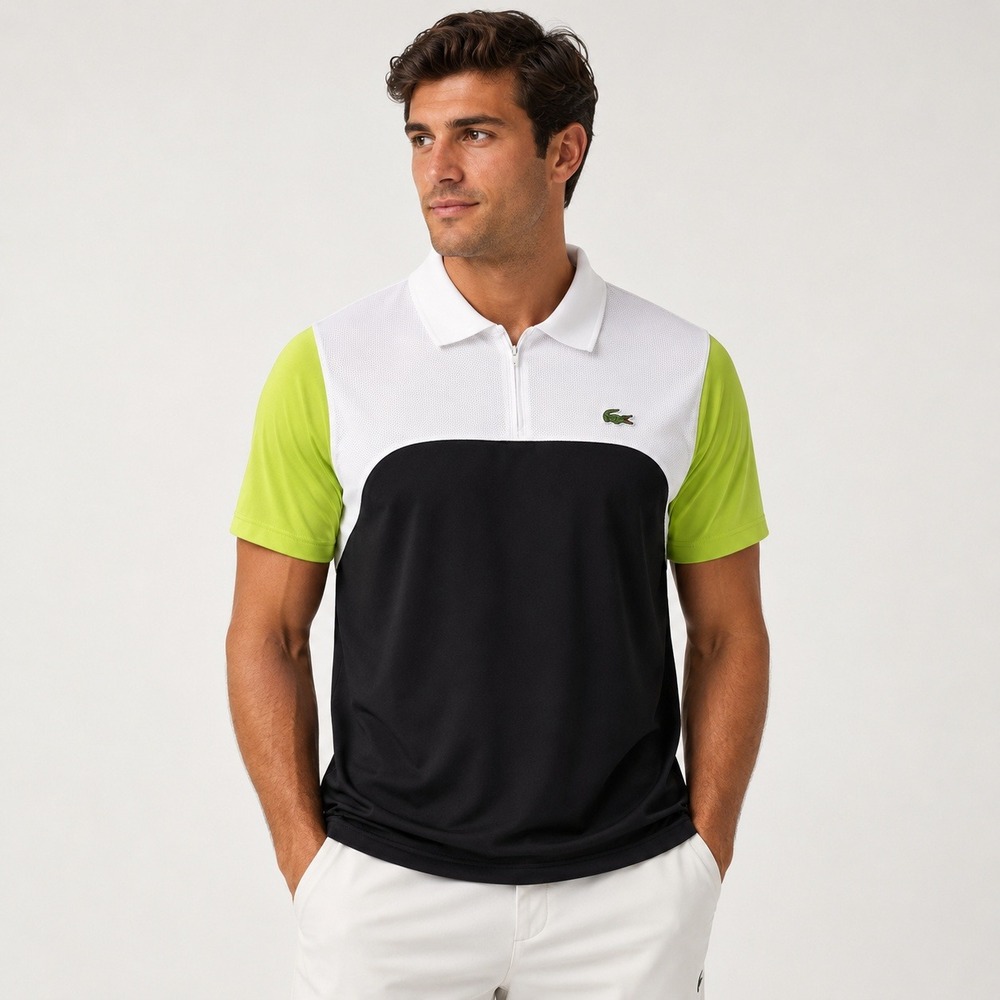 Lacoste Sport Polo Shirt Polyester Colorblock Mens 5 L Lime Green White Black